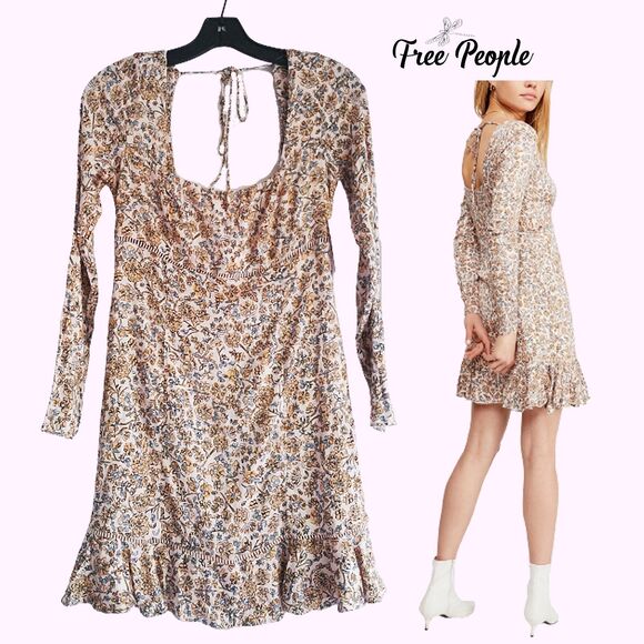 Free People NEW BOHEME Floral Lattice Trim Back Tie Dress 6 - Picture 1 of 12